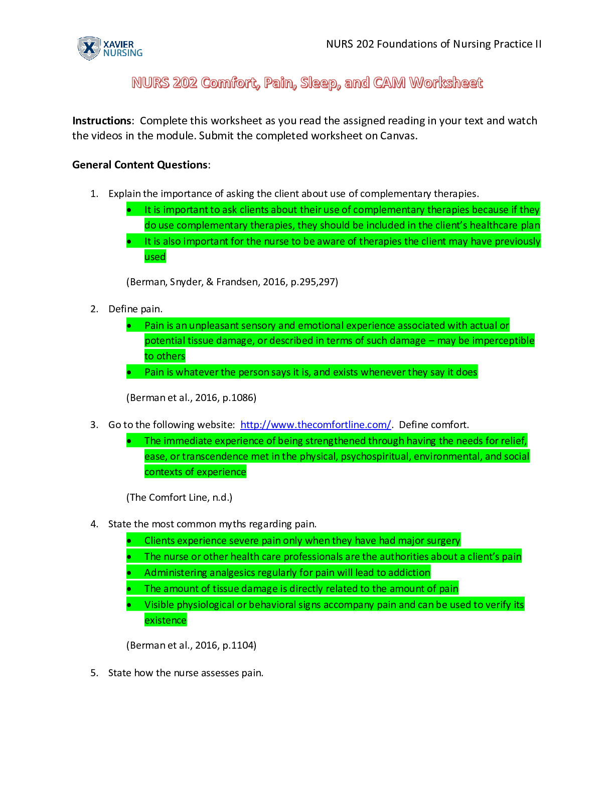 Preview image of NURS 202 Comfort, Pain, Sleep & CAM Worksheet document